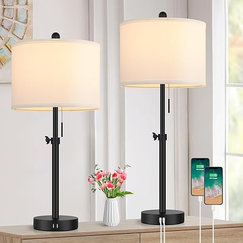 Kondras Table Lamp for Bedroom Set of 2, 23 to 30 Height Adjustable Bedside Lamp with 2 USB Ports, Black Nightstand Lamp with White Shade, Modern Pull Chain Table Lamp for Living Room End Table