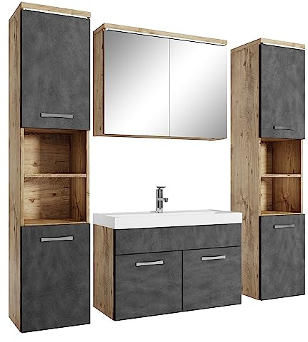Badplaats Paso XL Set completo di mobili da bagno con lavabo, armadietto con specchio e 2 armadi da bagno, 80 x 40 cm, rovere castagno, grigio scuro