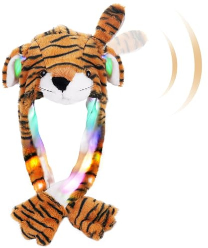 SUNHUITOY Animal Hat Plush Ears Moving Jumping Dress Up Cosplay Party Christmas Holiday Cute Ear Flap Cap for Kids Adults (Brown Tiger)