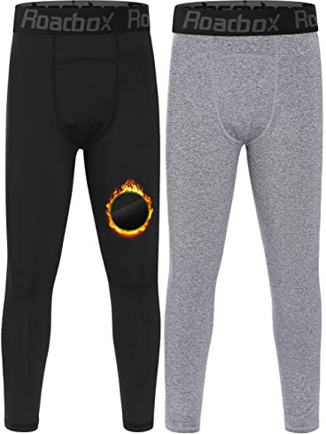 Roadbox Lange Unterhosen Kinder Jungen Funktionsunterwäsche 2er Pack Thermounterwäsche für Skifahren Tubing Sport(Schwarz + Grau,L)