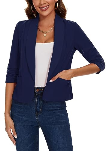 MINTLIMIT Womens Blazer Open Front Suit Jacket 3/4 Ruched Sleeve Blazers Casual Cardigan Outerwear with Patch Pockets