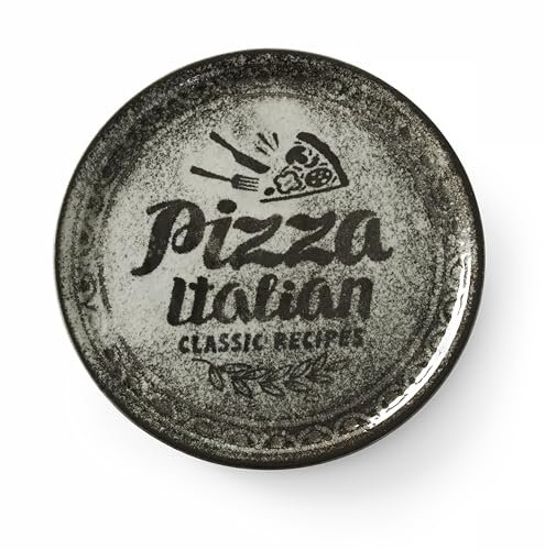 HENDI Plato de Pizza Redondo en Porcelana Esmaltada con Motivo de Texto e Ilustración, Plato para Servir Pizza, Apto para Microondas y Lavavajillas, ⌀310mm, Negro
