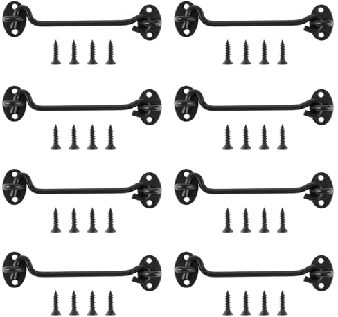 YAYODS Confezione da 8 ganci antitempesta con occhiello, ganci per cabine in acciaio inox da 15 cm, ganci per porte neri, ganci per finestre per porte a battente in legno, persiane, legno, cancello de