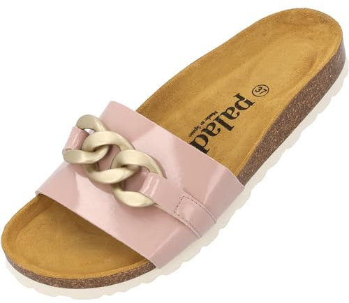 Palado Pantoletten Damen Gozo - bequeme Sandalen Made in Spain - Hausschuhe mit dämpfendem Kork-Fußbett - modische Sommerschuhe Rosa Lack UK6 - EU39