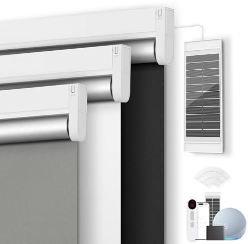 Motorized Blackout Smart Roller Blinds with Remote Control & Solar Panel - Automatic Electric Shades for Windows, Compatible with Alexa - White,34 W*72 H