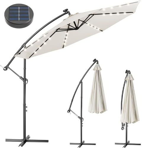 BAKAJI Ombrellone da Giardino Terrazzo con Luce 32 LED e Pannello Solare Dimensioni 3x3 Mt Richiudibile Palo Laterale Decentrato Acciaio Base Croce in Tessuto Anti UV (Beige)