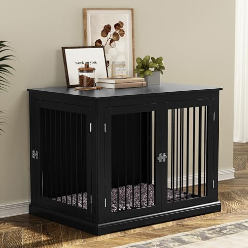 HOLTICO Hundebox für Zuhause, Hundekäfig Möbel mit Kissen, Indoor Hundezwinger, Hundehaus, Hundekäfige für große Hunde, Möbelstil Hundebox mit Klappdeckel, Schwarz（L）