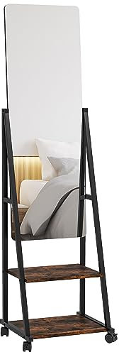 HOMCOM Miroir sur Pied rectangulaire, Miroir de Sol Roulant, avec 2 étagères, Angle réglable, 4 roulettes, 42 x 37 x 155 cm, Noir et Brun Rustique