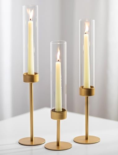 Sziqiqi – Lot de 3 bougeoirs Hurricane en verre pour bougies effilées – Porte-bougie doré pour centre de table de mariage – Ensemble de bougeoirs en verre pour cheminée de Noël