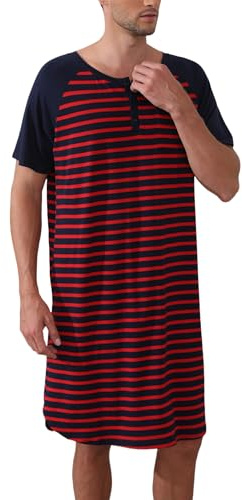 Enjoyoself Chemise de Nuit Homme Hauts de Pyjama Tee-Shirt Longueur Genou Col V avec Boutons Manches Courtes Vêtements d'Intérieur Douce Confortable Grande Taille M-4XL
