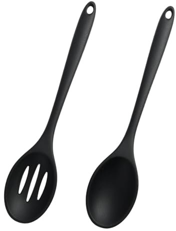2PCS Lungo Cucchiaio In Silicone, Cucchiaio Da Cucina Resistente Al Calore 315 ℃, 27,5 cm, Nero, Calore Fino, Antiaderente E Fessurato Per Servire, Mescolare E Raccogliere