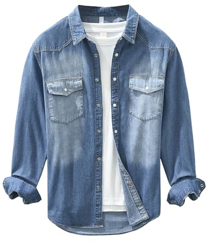 Dasongff Camicia in Jeans Uomo Camicia Jeans Uomo Manica Lunga Cotone Casual Western Denim, Bu1, XXXL