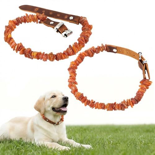 Mysora 2 Pcs Natural Flea Amber Collar for Dogs with Adjustable Leather Strap 11.8-13.8 inch Flea Collar Handmade Raw Baltic Amber Beads for Pets