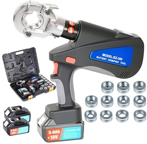 Pinza Crimpatrice idraulica a Batteria 18V 5Ah con Doppia Batteria – 60kN – con 11 Matrici intercambiabili 16-300 mm² – Crimpatura Rapida Professionale per Capicorda