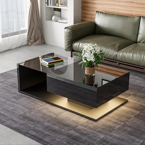 Calivra Tavolino da salotto con illuminazione a LED, 105 x 55 cm, colore nero lucido, moderno tavolino da salotto con piano in vetro, vano portaoggetti e luce LED RGB, elegante tavolino da salotto per