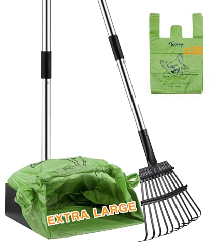 Toozey Unzerbrechliche Hundekotschaufel mit extra großer Edelstahl-Kotschale und 110 cm langem Griff, einfache Abfallreinigung für große, mittelgroße und kleine Hunde, mit 20 Beuteln
