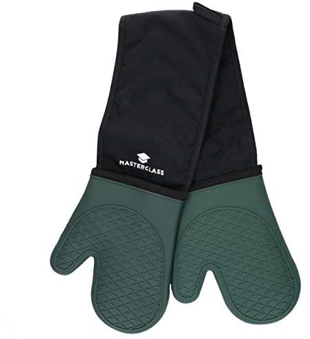 MasterClass Silicone Oven Gloves, Heat Resistant Mitts with Cotton Padding, Double Sided Non-Slip Gloves for Cooking and Baking, BPA-Free, Black/Hunter Green