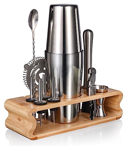 Esmula Bartender Kit med stativ, 12 delar 59 g/20 oz Cocktail Shaker Set för blandad dryck, professionellt rostfritt stål bar verktygssats med cocktailrecept bok, present till man pappa vän