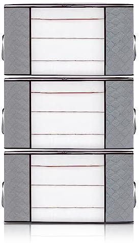 SUSNUAN Clothes Storage Bag 3 Pack 90L Foldable Large Capacity Clothes Storage Bag Organizer with Reinforced Handle Clear Window for Duvet, Blanket, Clothing, Shoes Bedding, Grey