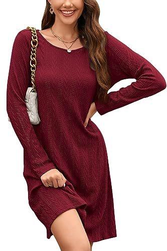 STYLEWORD Abito Maglione da Donna Manica Lunga Girocollo T-Shirt Abiti Abito Lavorato a Maglia a Costine Abito a Tunica Tinta Unita Casual(Vino,S)