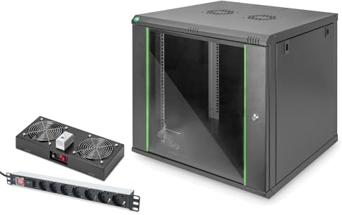 DIGITUS Set: 19 9HE Netzwerkschrank + Dachlüfter + 7-Port Steckdosenleiste // 19 Zoll Rack – Wandmontage – 600mm Tiefe – Traglast 60kg – Nutztiefe 320-450 mm – Dynamic Basic Serie – Schwarz