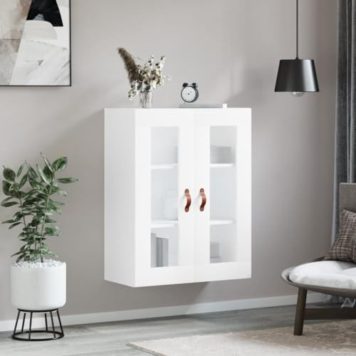 Gecheer Mobile Armadietto Pensile da Parete in Multistrato Bianco con Vetrina, 2 Ante e 3 Ripiani - 69,5x34x90 cm con Maniglia A