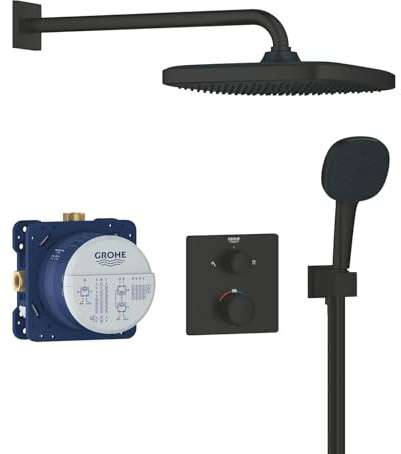 GROHE Precision - Concealed Shower System with Thermostat for 2 Outlets (Integrated Shut Off/Diverter Valve, Head Shower 25cm, Hand Shower 2 Sprays 11cm, Hose 1.5m, Square Trim), Matt Black, 348822430