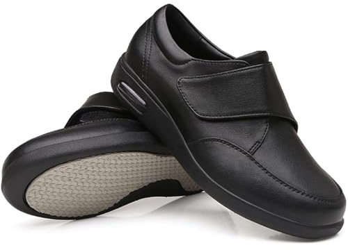 GYCF Zapatos para diabéticos, zapatos de cuero extra anchos para caminar, con cierre ajustable, antideslizantes, ligeros, ortopédicos, para ancianos, pies hinchados, pulgar, valgus, negro, 43 EU