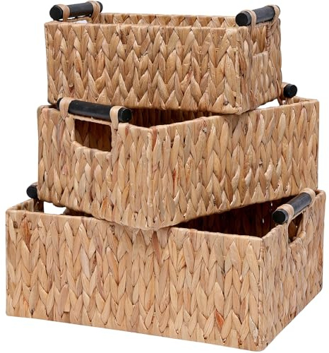 YOCAHAOY Storage Baskets 3 Pack Storage Baskets for Organizing Toys,Handwoven Storage Bins for Nursery,Natural Water Hyacinth Baskets for Organizing with Wooden Handles