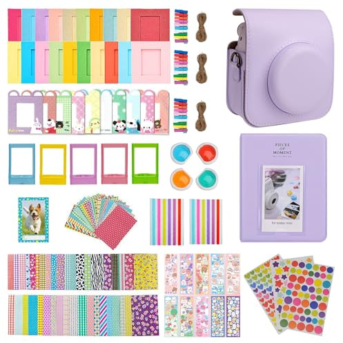Meetikar Étui pour Appareil Photo Instantané Instax Mini 12 avec Album 64 Poches, Filtre de Couleur, Cadre Photo et Décoration Murale, Autocollants, Lilas