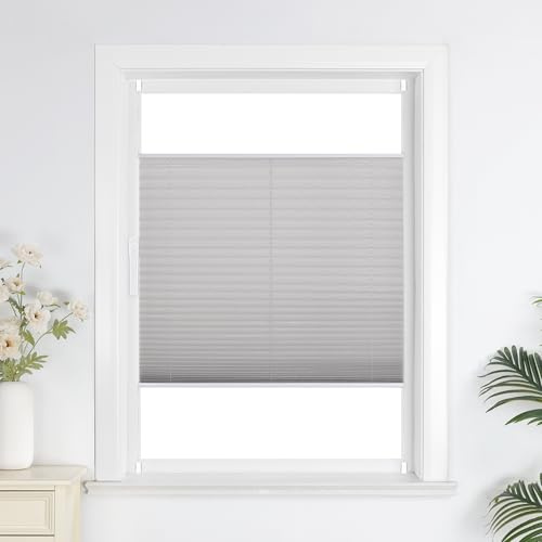Joyswahl Plissee Rollo ohne Bohre, Klemmfix, Sonnenschutz, Lichtdurchlässig, Sichtschutz, Faltrollo mit Klemmträger für Fenster 1er Pack Grau BxH 90x130cm