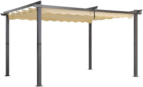 Angel Living Pergola en Aluminium, Coulissante Rétractable, Tissu en Polyester Haute Densité Hydrofuge et Résistant aux UV, Abri Soleil Pavillon de Jardin pour Jardin Terrasse (Beige, 4x3M)