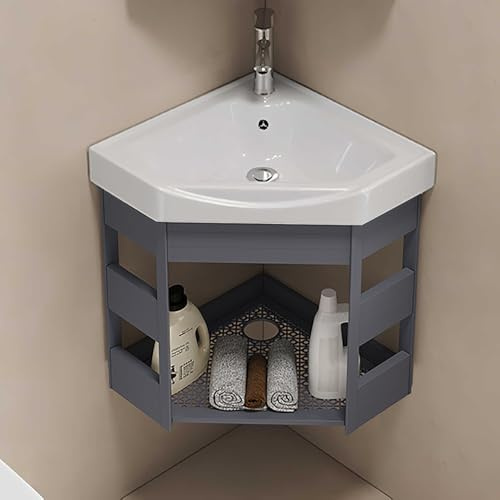 Pounjsd Compact Corner Cloakroom Basin, Bathroom Sink with Storage Container, 430x 430mm,Triangular Wall Hung Ceramic Wash Basin for Bathroom and Toilets, for Bathroom, Vanity Cabinet, Toilets