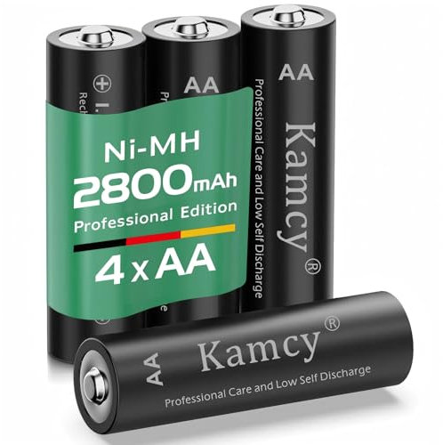 KAMCY Pilas Recargables AA de 1,2 V - Pilas AA Recargables de Alta Capacidad 2800 mAh, Pilas Ni-MH, Listas para Usar, Recargables hasta 1500 Veces, Pro, Negras, Paquete de 4