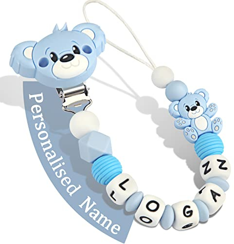 Yolnkos Clip Ciuccio con Nome Personalizzata Catenella Portaciuccio Teddy Orso Porta ciuccio(Azzurro)