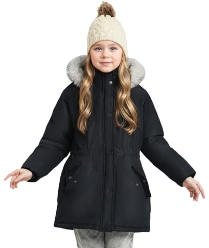 maoo garden Giacca Invernale per Ragazze Parka da Sci Pesante con Cappuccio in Pelliccia e Soprabito Impermeabile per Bambini Nero 152