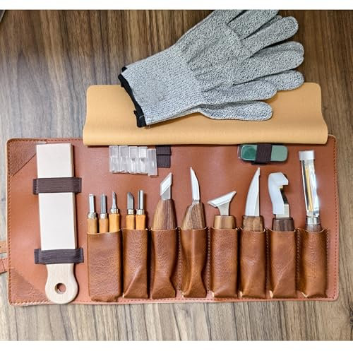 Kit Intaglio Legno 15Pezzi, Set di Utensili Intaglio in Legno con Custodia in PU Strumenti Per Intaglio Set di Utensili per Intaglio Legno Set per linoleografia Intaglio di Zucche per Principianti