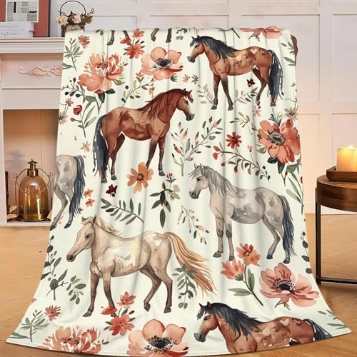 Flintis Horse Blanket Horses Flower Decor Animal Throw Blanket Gifts for Girls Boys Super Warm Soft Plush Lightweight Fleece Flannel Winter Bedding Blankets for Kids Adults Women Men 50X40