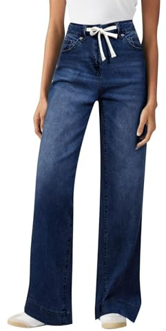 Pantalones Vaqueros Anchos Mujer, Vaqueros Mujer Elasticos Tallas Grandes Cintura Alta CordóN Pierna Ancha Pantalones Rectos PantalóN Holgado Y Cómodo De Tiro Alto Boyfriend Jeans con Bolsillos
