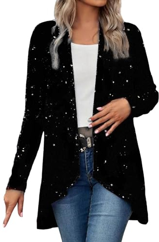 Qzeanxy Giacca Paillettes Donna - con Brillantini Casual Top Lunga Elegante Tailleur Leggero Comodo Blazer Corta Glitter Vestito Piume Maglia