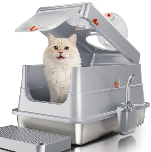 Fusblom Stainless Steel Cat Litter Tray, Enclosed Cat Litter Box with Lid