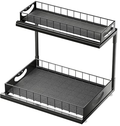THCTYRP Estante metálico extensible, 2 niveles, debajo del lavabo y fregadero, organizador para armarios de cocina y baño (Negro)