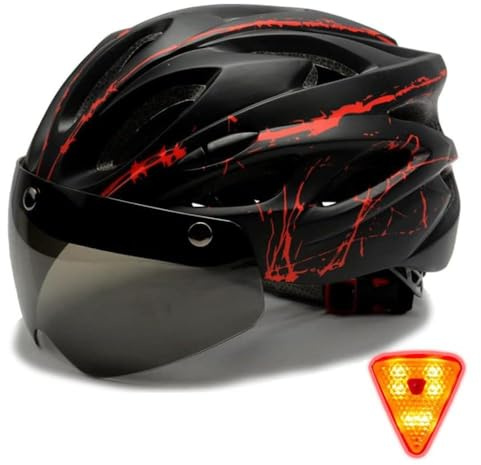 Casque de vélo avec lumière LED et visière - Casque de vélo léger avec lunettes magnétiques - Unisexe - Taille réglable - Casque de VTT pour homme et femme
