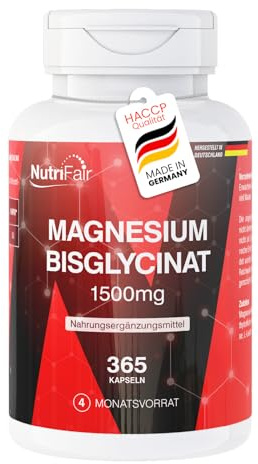 Magnesiumbisglycinat 1500mg – 365 kapslar – kelaterat magnesium – 300mg magnesium per dagsdos – högdoserat – 100% veganskt – tysk tillverkning och laboratorietestat – NutriFair | Premium & Fair