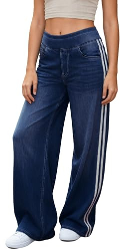 LaiEr Jeans a Gamba Larga Donne,Design Unico a Blocchi di Colore,Vita Alta con Controllo del Ventre,Fit Sviluppato Adatti per Pantaloni di Jeans Baggy con Alta Elasticità(BluScuroMedio,XL)