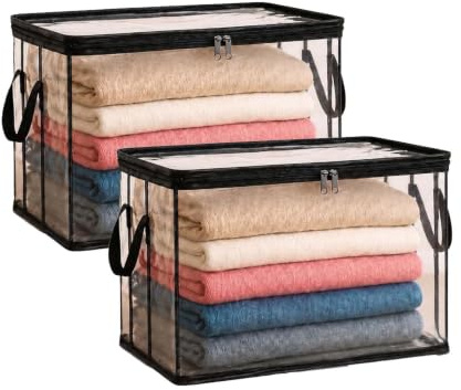 ZFFAFUR Clear Heavy-Duty Plastic Storage Box with Hinged Lid, Extra Large Thick Plastic Storage Bag for Clothes, Foldable Dustproof Bin for Moving & Home Organization 2-Pack (L)