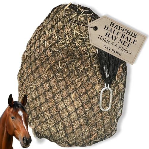 hay chix Hay Net for Horses | Slow Feed Hay Bag Feeder | Marine-Grade UV Treated Nylon | Holds 4-6 Flakes | Half Bale Net | 1 3/4 Holes | Oat Rope Color