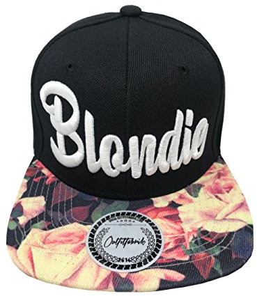 Outfitfabrik ♥ Snapback Cap Stickerei für Damen Blondie, Kappe in schwarz mit Flower-Schirm/floral Print und hochwertigem 3D-Stick in weiß, One-Size, verstellbar an der Rückseite