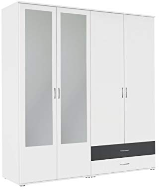 Rauch Möbel Noosa Schrank Drehtürenschrank, Weiß/Grau metallic, Schwarz, 4-türig mit Spiegel und 2 Schubladen, inkl. Zubehörpaket Basic 1 Kleiderstange, 3 Einlegeböden BxHxT 168x188x52 cm