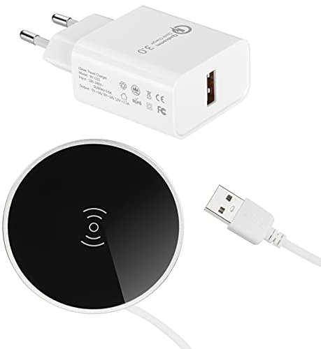 JUNKER - Caricabatterie Wireless WLC-02 (Lega di Alluminio, Nero, Ø 74 mm) / Caricabatterie USB da Tavolo con Alimentatore/Incorporabile in Mobili/Caricatore a Induzione per Smartphone Compatibili